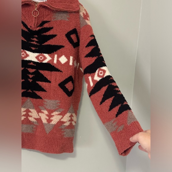 Wanna B Coral Aztec Mock Neck 3/4 Zip Pullover Sweater Women’s Size L Cozy Fall - Picture 8 of 12